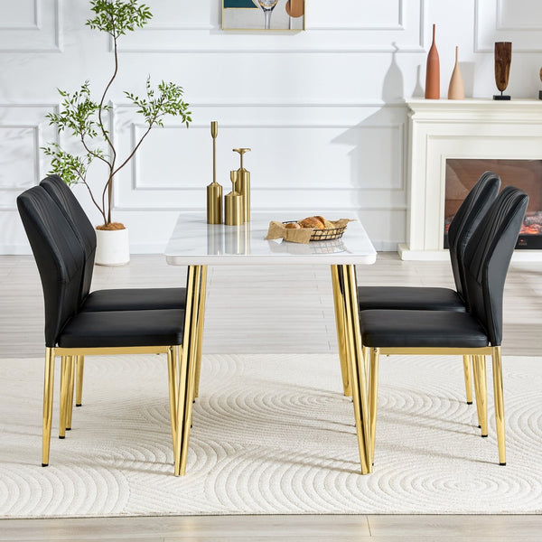 English Elm Table and Chair Set Marble Glass Top Gold Legs Modern 5 Piece Dining for Small Spaces White+Gold W1151S04636