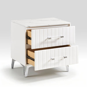 English Elm Glam Two Drawer Nightstand Faux Marble Top Chrome Legs White Bedroom Side Table B011P443207