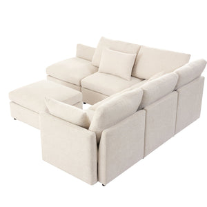 English Elm 86.6" Sectional Sofa Modular U-Shape Convertible Sofa Bed with Movable Ottoman, USB Ports & Chenille Comfort Beige N719S002130A