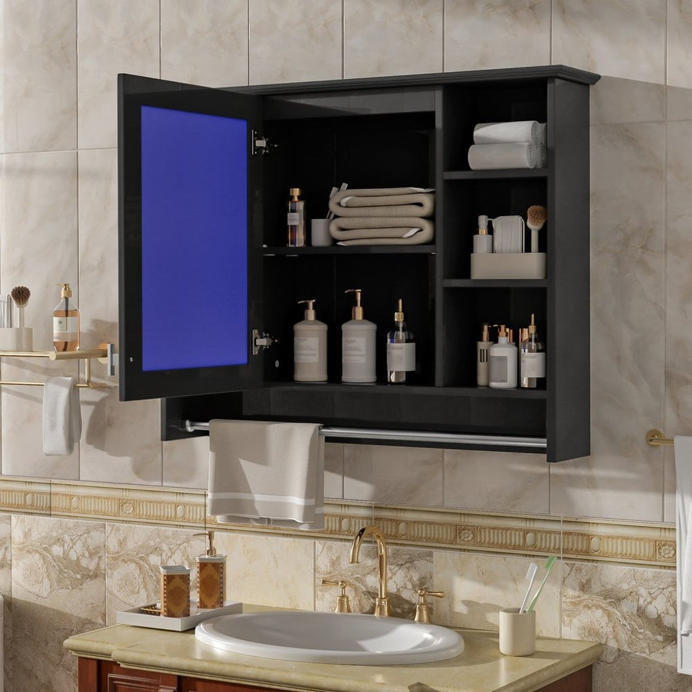 English Elm 3-in-1 Wall Mounted Medicine Cabinet with Soft Close Door Towel Bar and Vanity Mirror Black N710P358618B