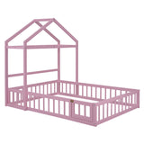 English Elm Wooden Floor Bed With Fence Railings and Detachable House Shape Headboard,Full Size Bed With Kids Dress Up Rack, Kids Montessori Style Playhouse Frame For Girls Boys, Pink