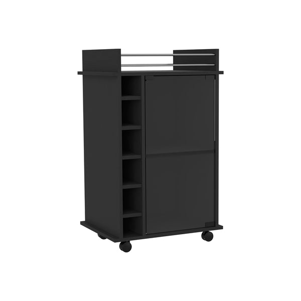 English Elm Bar Bar Cart Glass Door Cabinet with Two Shelves, Six Bottle Cubbies, Locking Casters, Rail Top Black 31.49 L x 20.86 W x 6.69 H B097133027
