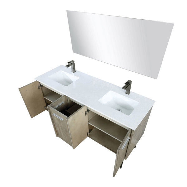 English Elm Rustic Acacia Double Bath Vanity With White Quartz Top, Gun Metal Faucet & Large 55 In. Mirror B2731S01669-GIGA