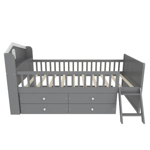 English Elm Twin Bed Frame with Storage Drawers and House Headboard, Kids Platform Bed with Guardrail Ladder and Shelf Gray 49.3 L x 16.25 W x 7.75 H N733S278032E