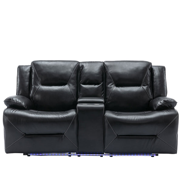 English Elm Home Theater Recliner Set with LED Accent Lighting, Dual Cup Holders, Gel Leather Comfort Seating Black SG001470AAB