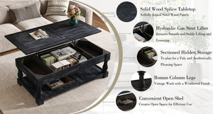 English Elm Farmhouse Lift Top Coffee Table Solid Wood Two Tier Hidden Storage Living Room W1445P412360