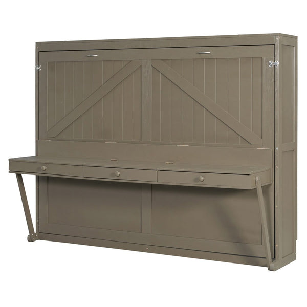 English Elm Queen Murphy Bed Cabinet with Vanity Desk Hydraulic Lift Mirror Distressed Finish Gray LP000766AAE-1