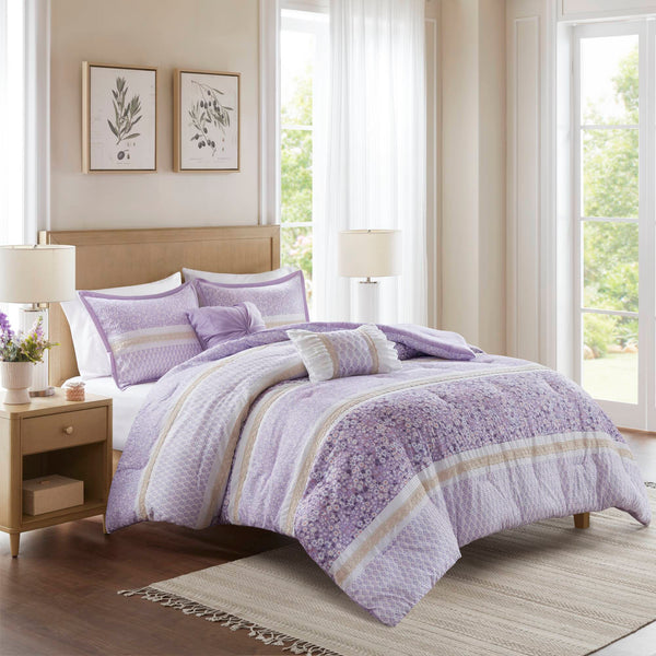 English Elm 5 PCS King/Cal King Seersucker Comforter Set with Lace Trim, Plush Microfiber Fill, 5-Piece Elegant Bedding Ensemble B035P366535