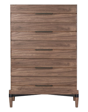 English Elm Tranquility Five Drawer Walnut Veneer Chest with Mid-century Legs and Bronze Hardware B108P411444