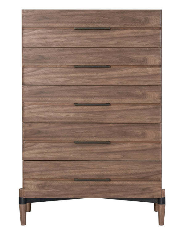 English Elm Tranquility Five Drawer Walnut Veneer Chest with Mid-century Legs and Bronze Hardware B108P411444