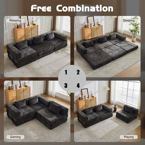 English Elm Compression Convertible Floor Sofa Bed – Versatile Modular Chenille Sofa For Small Spaces & Guests W3723S00015