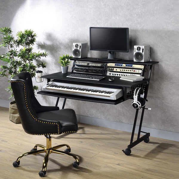 English Elm Black Music Recording Studio Desk with Keyboard Tray, Sturdy Wood Top, Metal Frame, Casters for Mobility B062P209212