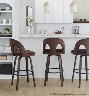English Elm Fixed-height Swivel Barstools Walnut Bentwood and Velvet Upholstered Seats Set of 2 B202S01886
