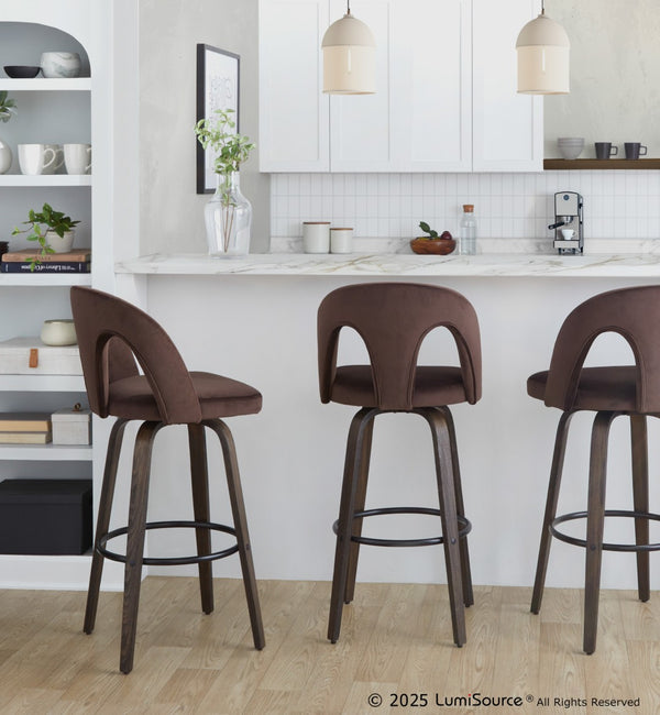 English Elm Fixed-height Swivel Barstools Walnut Bentwood and Velvet Upholstered Seats Set of 2 B202S01886