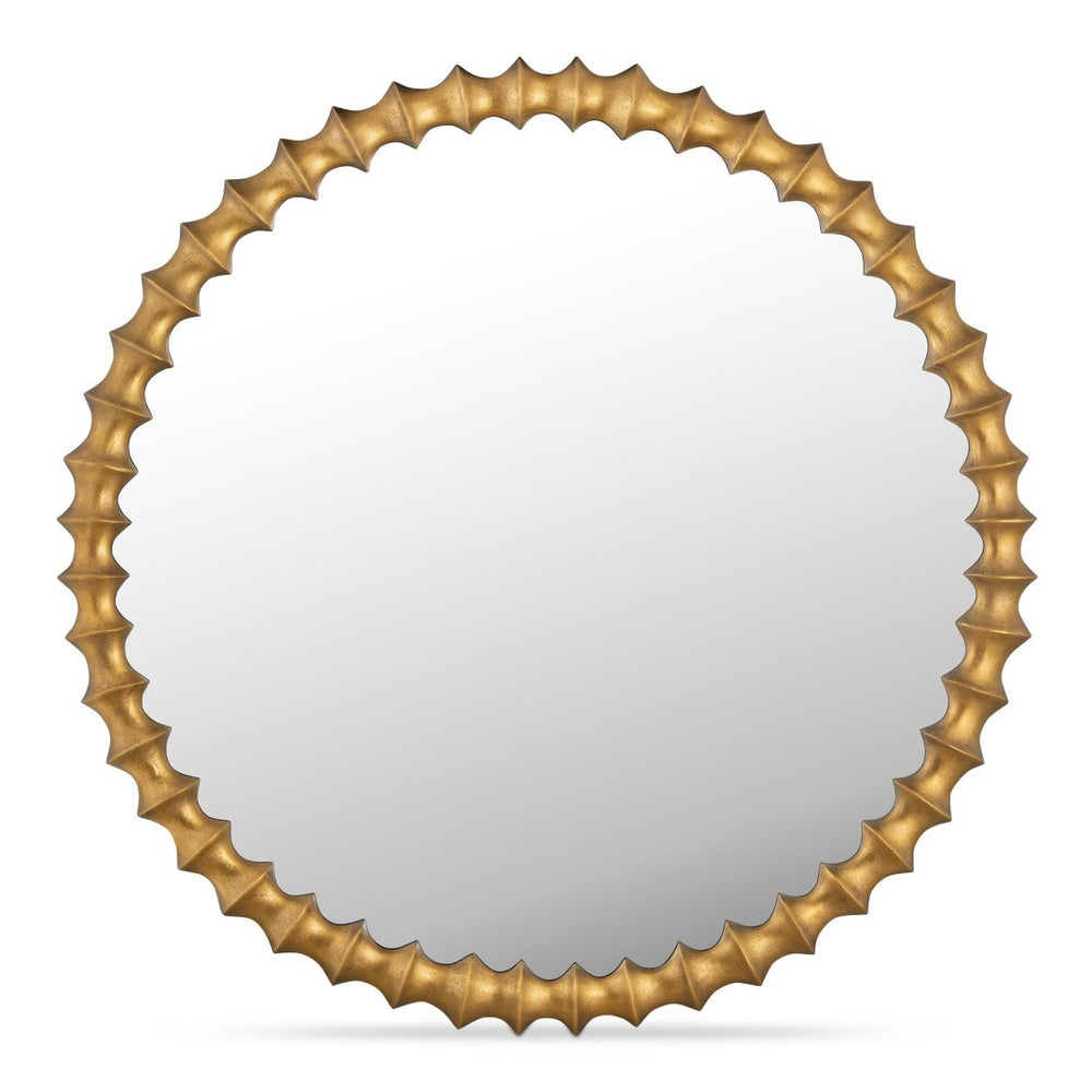 English Elm Whitby Round Wall Mirror Cast Aluminum Aged Brass Patina Artisan Entryway Accent Yellow B2769P498421