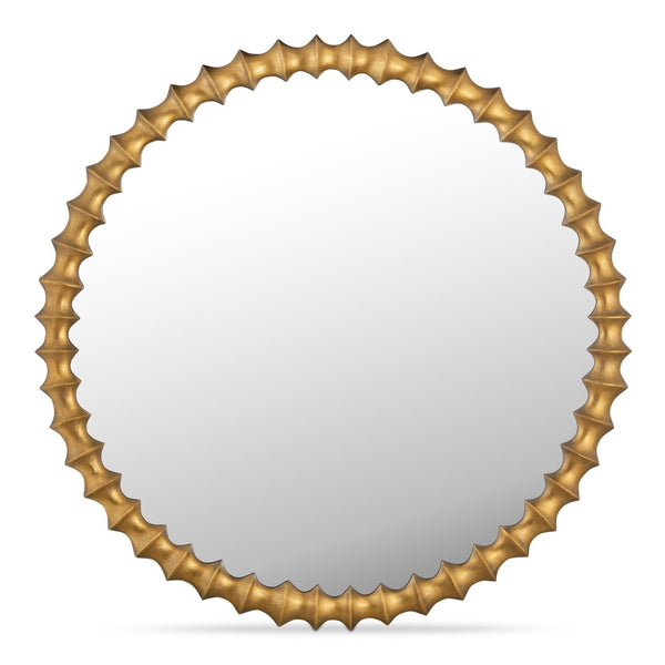 English Elm Whitby Round Wall Mirror Cast Aluminum Aged Brass Patina Artisan Entryway Accent Yellow B2769P498421
