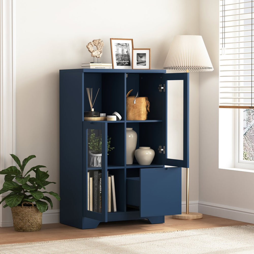 English Elm MDF modern painted storage cabinet with glass doors, drawer and open shelves for entryway decor (97) Blue W409P171443