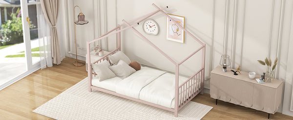 English Elm Twin Metal House Platform Bed with Slat Kit for Kids Sleepovers Sturdy Frame Elegant Silhouette 63.8"H Pink MF322835AAH