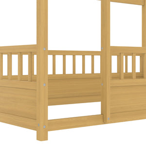 English Elm Twin House Frame Floor Bed with 20" High Fence, Solid Pine Roof, Sturdy 48x48mm Frame for Safety and Fun W1858P310084