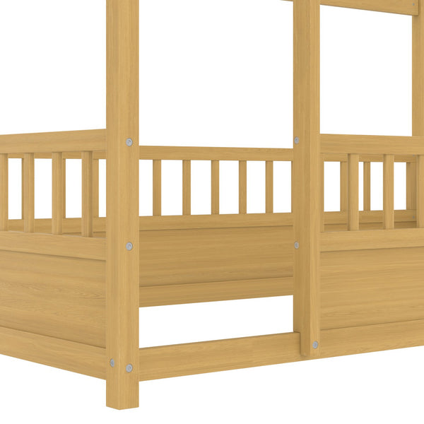English Elm Twin House Frame Floor Bed with 20" High Fence, Solid Pine Roof, Sturdy 48x48mm Frame for Safety and Fun W1858P310084
