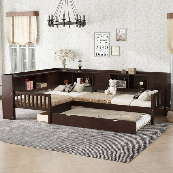 English Elm L-shaped Twin Platform Bed with Trundle, Solid Wood Corner Sleeper with Drawers, Shelves, No Box Spring Needed Espresso W1580S00261