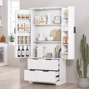 English Elm 72" Modern Fluted Pantry Cabinet with 2 Large Silent Drawers, 8-Door Spice Rack & Adjustable Shelf Organizer White W2917P294993