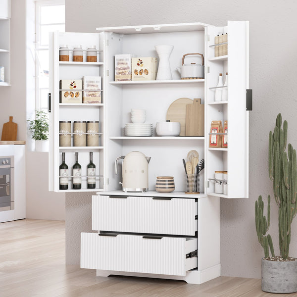 English Elm 72" Modern Fluted Pantry Cabinet with 2 Large Silent Drawers, 8-Door Spice Rack & Adjustable Shelf Organizer White W2917P294993