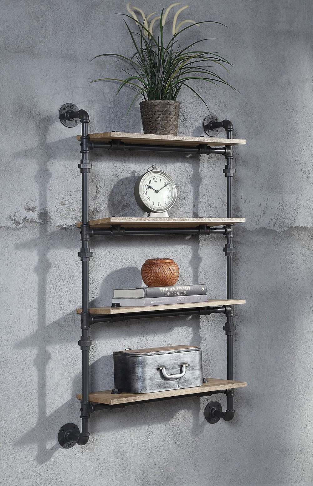 English Elm Brantley Industrial Wall Rack Four Open Shelves Oak Veneer and Sandy Black Metal Frame B2726P446701