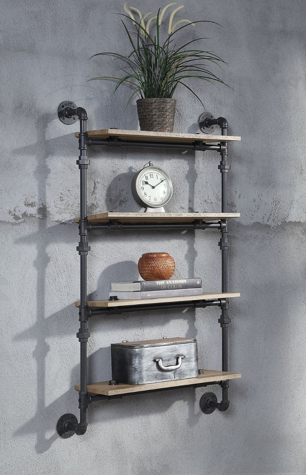 English Elm Brantley Industrial Wall Rack Four Open Shelves Oak Veneer and Sandy Black Metal Frame B2726P446701