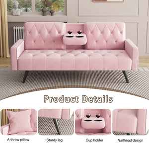 English Elm 1730 Pink Velvet Sofa Bed with Nailhead Trim, 72" Convertible Sleeper for Small Spaces, 2-Seater W3371P302290