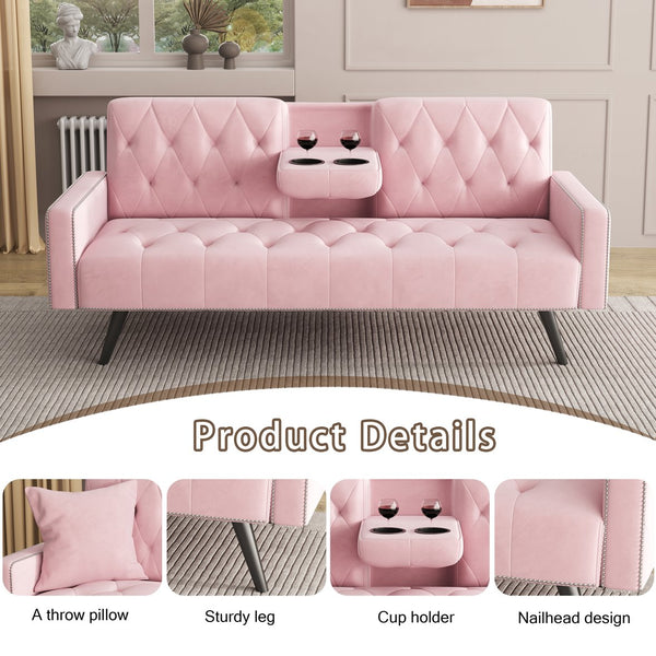 English Elm 1730 Pink Velvet Sofa Bed with Nailhead Trim, 72" Convertible Sleeper for Small Spaces, 2-Seater W3371P302290