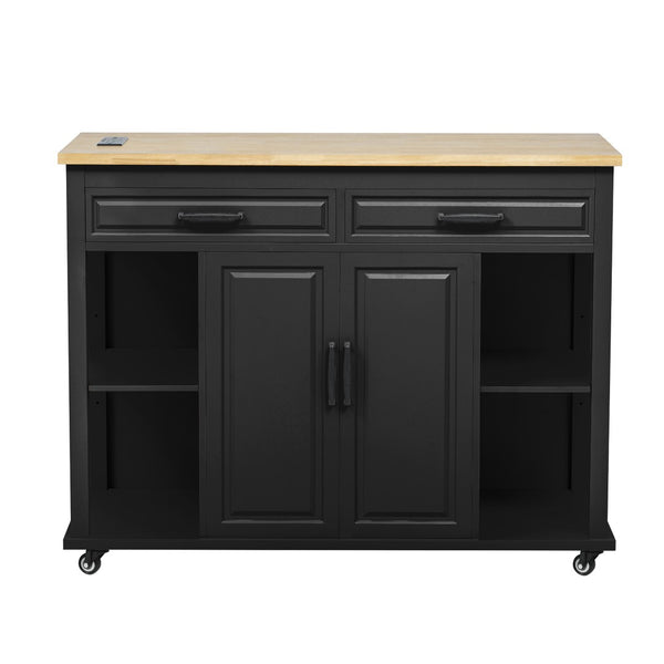 English Elm K&k Farmhouse Kitchen Island Extendable Table Rubber Wood Veneer Built-in Charging Storage Black N707S215327B