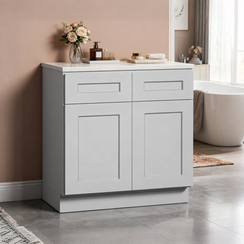 English Elm Light Gray Shaker Solid Wood Double Door Base Cabinet For Stylish Kitchen & Laundry Storage Solutions T2950P383090