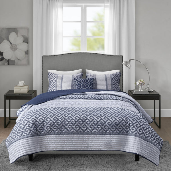 English Elm 4 Piece Jacquard Quilt Set Reversible Woven Stripe Design with Decorative Pillow for Full/Queen Navy 17.72 L x 15.75 W x 9.84 H B03597588