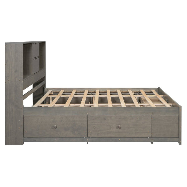 English Elm King Platform Bed with 8 Drawers Open Headboard Compartments and Pine Wood Frame Gray GX000454AAE-1