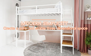 English Elm Loft Bed with L-shaped Desk Stair Storage and Full Guardrail Iron Frame White W1935S00008