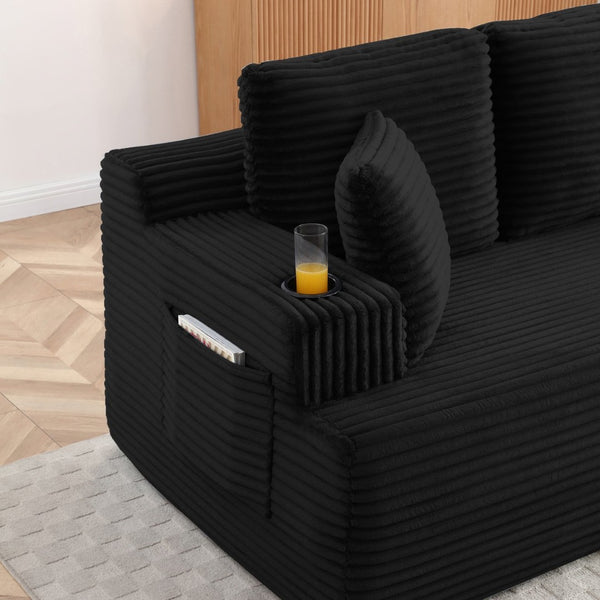 English Elm Boneless Floor Sofa Corduroy Upholstered 5 Seat Low Profile with Cup Holders for Living Room Black W1117S00435