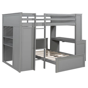 English Elm Full Twin Loft Bed with Desk Wardrobe Shelves Pine Wood Frame Kids Bedroom Gray LT000821AAE-1