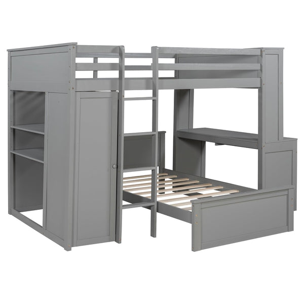 English Elm Full Twin Loft Bed with Desk Wardrobe Shelves Pine Wood Frame Kids Bedroom Gray LT000821AAE-1