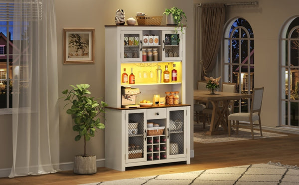 English Elm 70.9" Farmhouse Hutch Pantry with Led Lighting Wine Rack Mesh Doors and Built-in Power White CH361426AAK