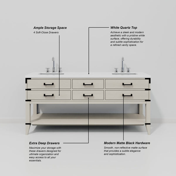 English Elm White Oak Double Bath Vanity 72" W X 22" D With Durable White Quartz Top & Ample Storage Space B2731P260318-GIGA