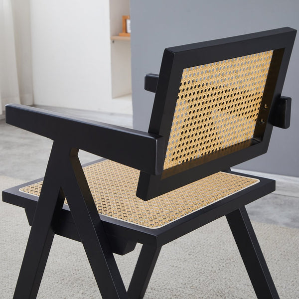 English Elm 2 Black Rubberwood Dining Chairs With Rattan Weaving - Stylish, Comfortable & Versatile Living Room Seating W2720P237607