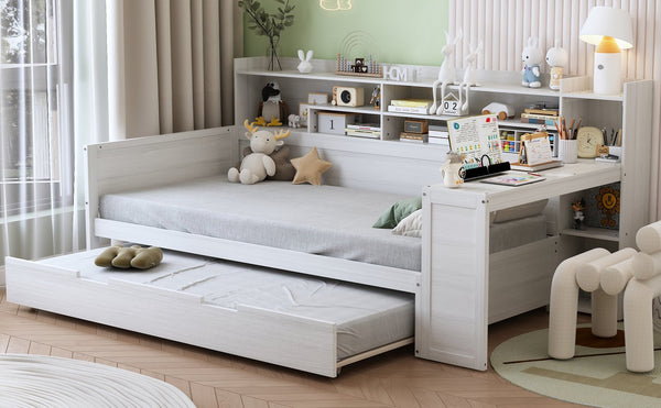 English Elm Wooden Twin Daybed with Trundle, Built-In Desk and Side Storage Shelves for Space-Saving Living Antique White 54.4 L x 18 W x 5.6 H N733S242275K