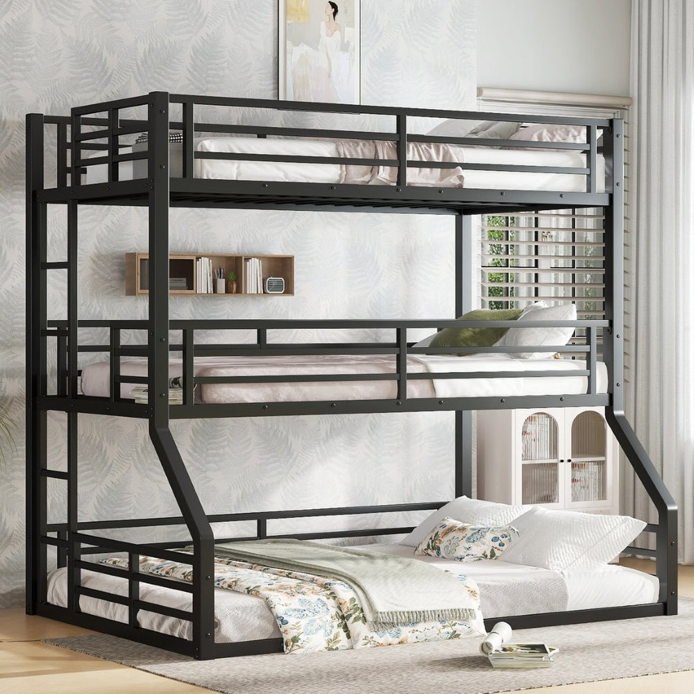 English Elm Twin Metal Triple Bunk Bed With Safety Guardrails - Heavy-Duty, Noise-Reduced Design In Black Finish P2 W1580S00177-GIGA