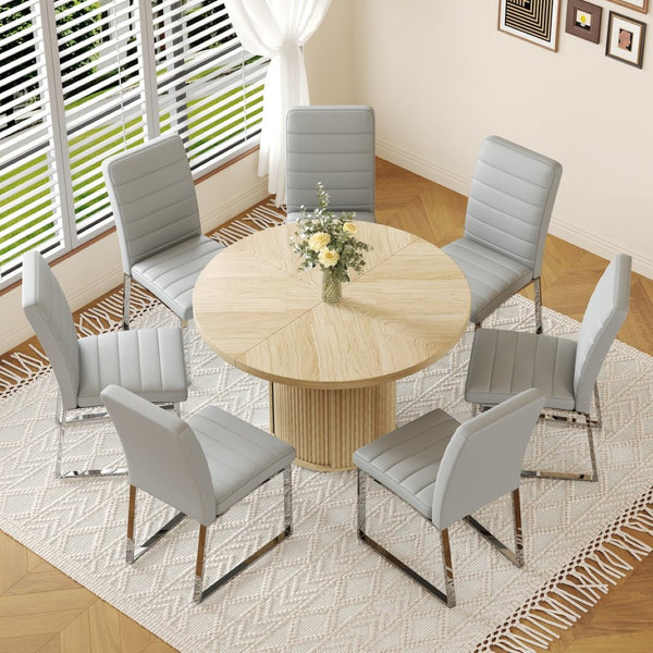 English Elm 6piece Round Pedestal Dining Set with Fluted Column Base and Pu Padded Chairs Seats Six W2920S00078