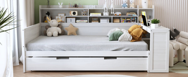 English Elm Wooden Full Size Daybed with Trundle and Built-In Desk, Side Storage Shelves for Space-Saving Rooms Antique White 70 L x 18.6 W x 5.5 H N733S242277K