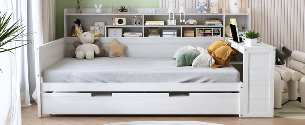 English Elm Wooden Twin Daybed with Trundle Built-in Desk and Open Shelves for Kids Rooms Antique White N733S373391K
