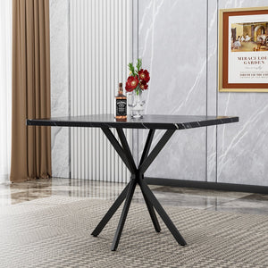 English Elm Square MDF Dining Set for 4 with Faux Marble Top, Mid-Century Modern Iron Legs, Easy-Clean Surface Black+Grey W578S00026