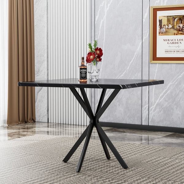 English Elm Square MDF Dining Set for 4 with Faux Marble Top, Mid-Century Modern Iron Legs, Easy-Clean Surface Black+Grey W578S00026