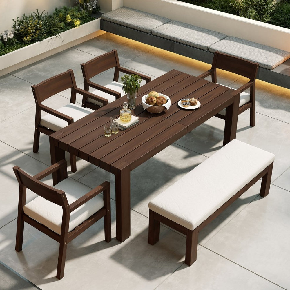 English Elm Trexm Outdoor Acacia Wood Dining Set Seats Six with Umbrella Hole and Cushioned Bench Beige,Mocha TM000028AAP